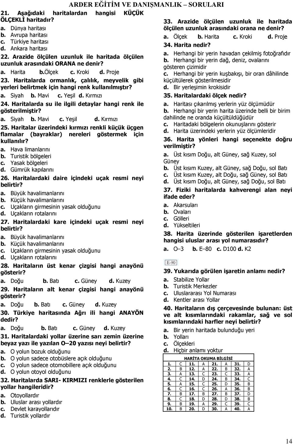 Haritalarda ormanlık, çalılık, meyvelik gibi yerleri belirtmek için hangi renk kullanılmıģtır? a. Siyah b. Mavi c. Yeşil d. Kırmızı 24.