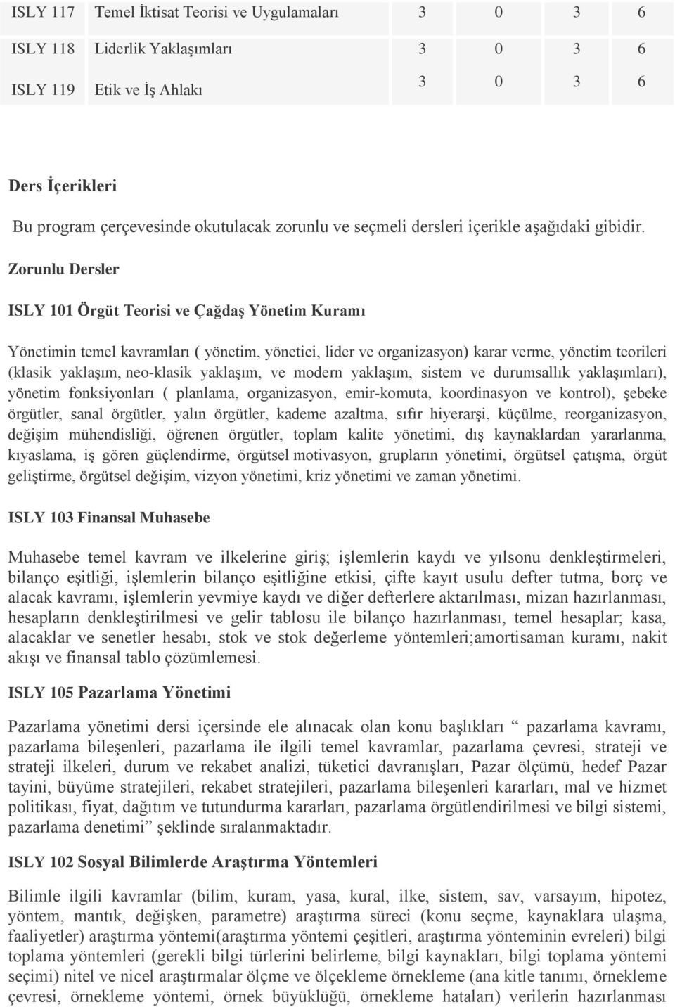 Zorunlu Dersler ISLY 101 Örgüt Teorisi ve Çağdaş Yönetim Kuramı Yönetimin temel kavramları ( yönetim, yönetici, lider ve organizasyon) karar verme, yönetim teorileri (klasik yaklaşım, neo-klasik