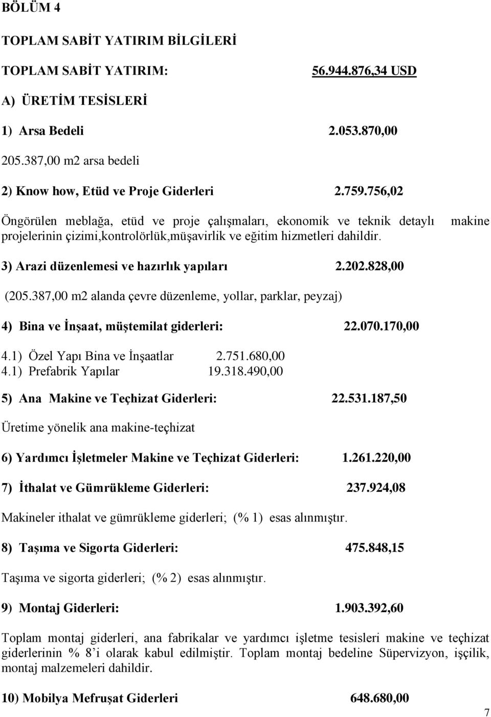 makine 3) Arazi düzenlemesi ve hazırlık yapıları 2.202.828,00 (205.387,00 m2 alanda çevre düzenleme, yollar, parklar, peyzaj) 4) Bina ve İnşaat, müştemilat giderleri: 22.070.170,00 4.