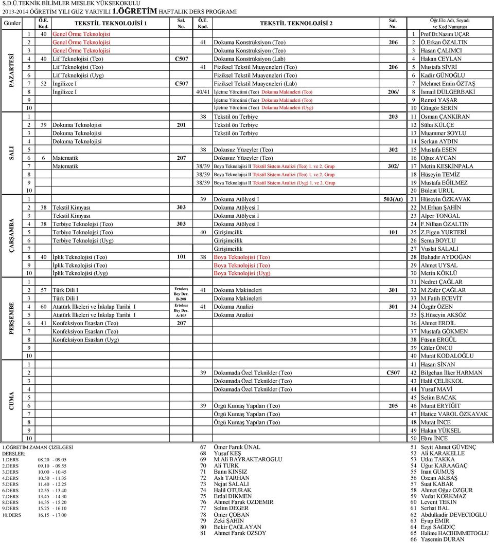 Erkan ÖZALTIN 3 Genel Örme Teknolojisi Dokuma Konstrüksiyon (Teo) 3 Hasan ÇALIMCI 4 40 Lif Teknolojisi (Teo) C507 Dokuma Konstrüksiyon (Lab) 4 Hakan CEYLAN 5 Lif Teknolojisi (Teo) 41 Fiziksel Tekstil