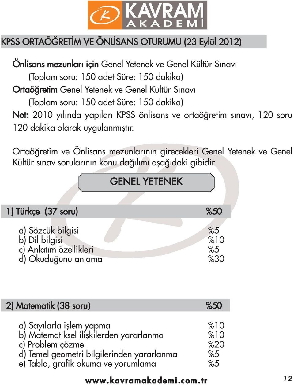 Ortaö retim ve Önlisans mezunlar n n girecekleri Genel Yetenek ve Genel Kültür s nav sorular n n konu da l m afla daki gibidir GENEL YETENEK ) Türkçe (37 soru) %50 a) Sözcük bilgisi %5 b) Dil bilgisi