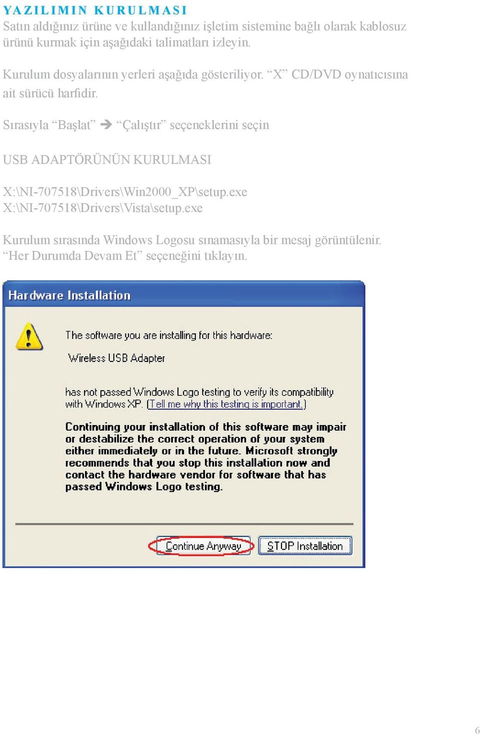 Sırasıyla Başlat Çalıştır seçeneklerini seçin USB ADAPTÖRÜNÜN KURULMASI X:\NI-707518\Drivers\Win2000_XP\setup.