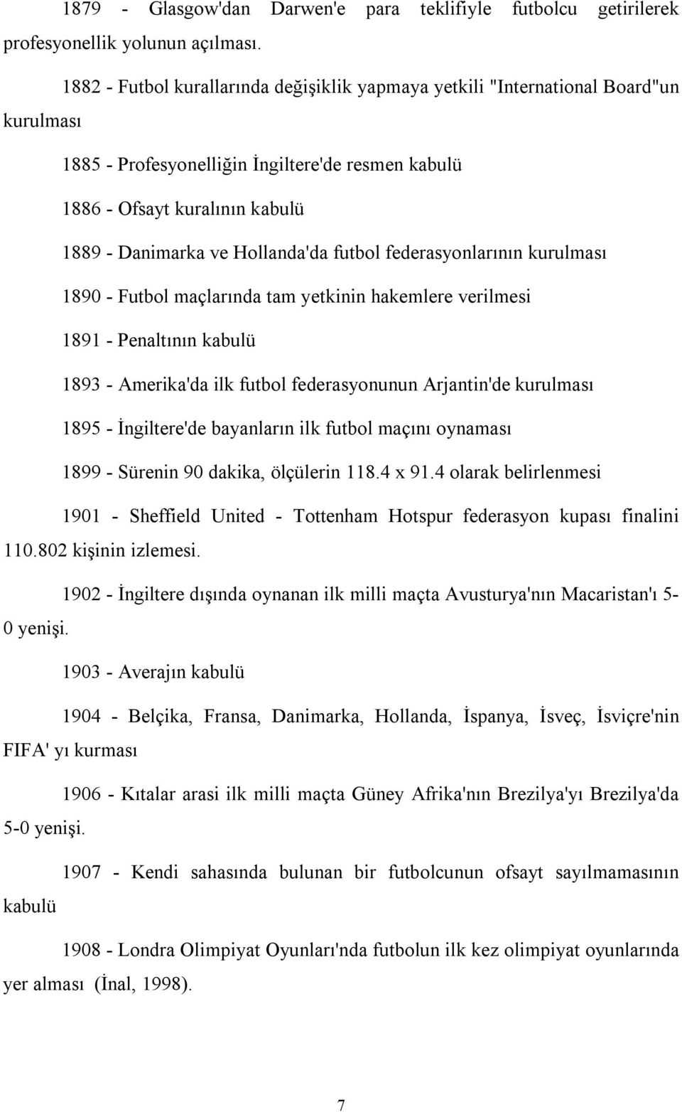 Hollanda'da futbol federasyonlarının kurulması 1890 - Futbol maçlarında tam yetkinin hakemlere verilmesi 1891 - Penaltının kabulü 1893 - Amerika'da ilk futbol federasyonunun Arjantin'de kurulması