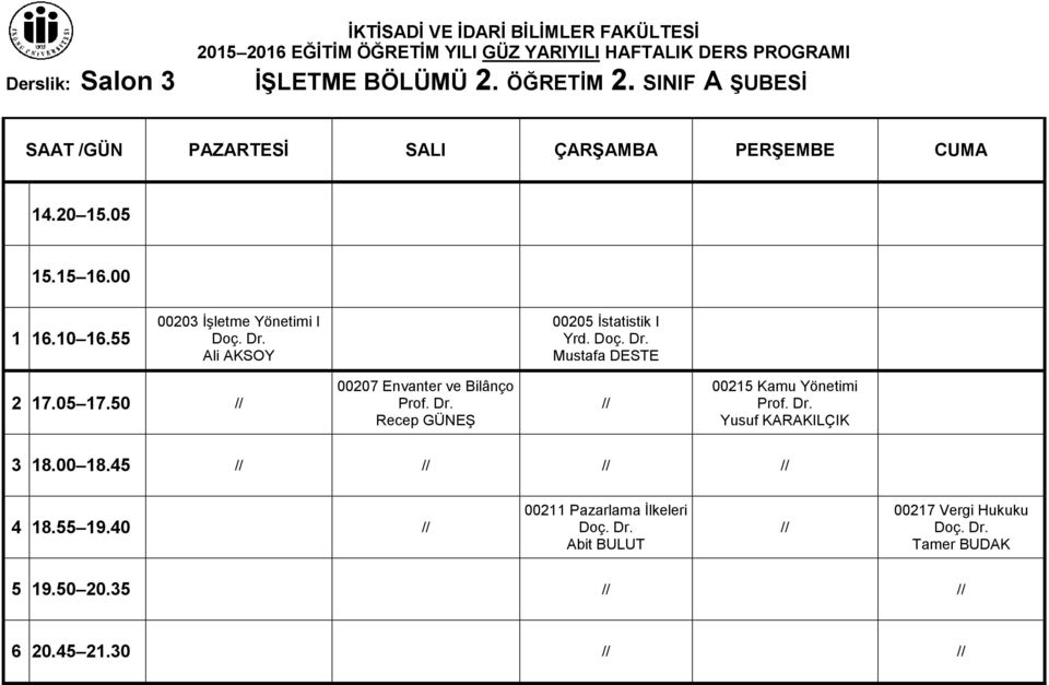 50 00207 Envanter ve Bilânço Recep GÜNEŞ 00215 Kamu Yönetimi Yusuf KARAKILÇIK 3 18.00 18.