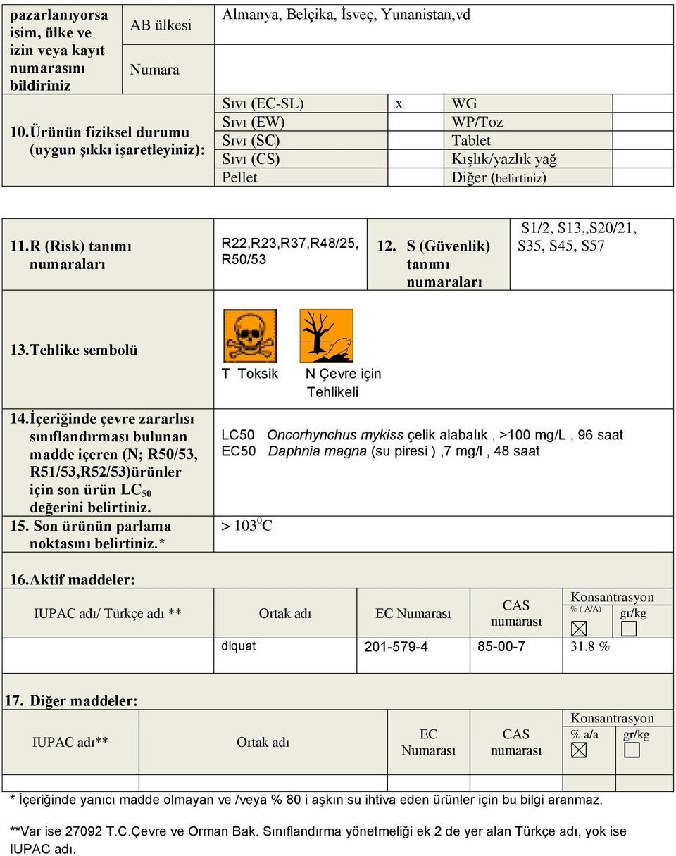 R (Risk) tanımı numaraları R22,R23,R37,R48/25, R50/53 12. S (Güvenlik) tanımı numaraları S1/2, S13,,S20/21, S35, S45, S57 13. Tehlike sembolü 14.