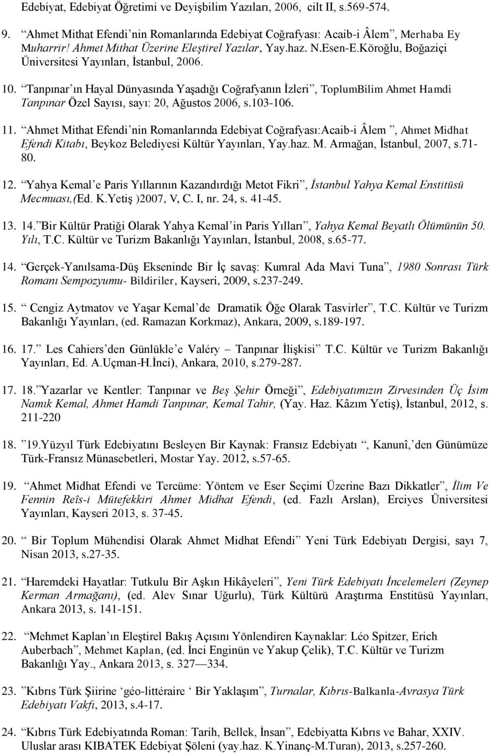 Tanpınar ın Hayal Dünyasında Yaşadığı Coğrafyanın İzleri, ToplumBilim Ahmet Hamdi Tanpınar Özel Sayısı, sayı: 20, Ağustos 2006, s.103-106. 11.