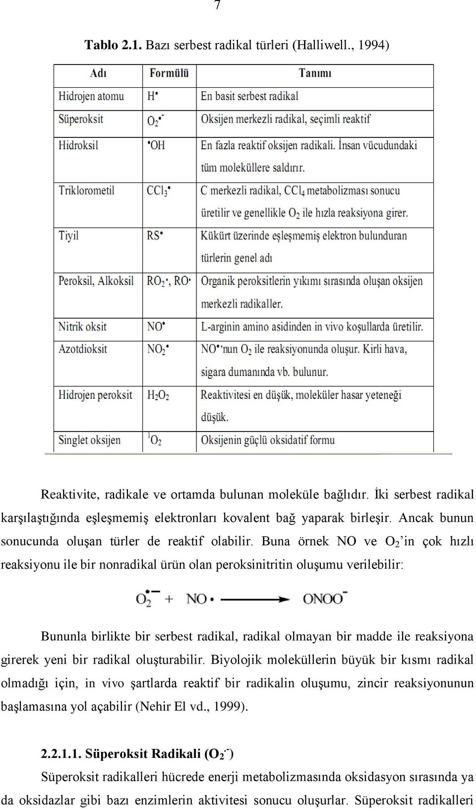 Buna örnek NO ve O 2 in çok hızlı reaksiyonu ile bir nonradikal ürün olan peroksinitritin oluģumu verilebilir: Bununla birlikte bir serbest radikal, radikal olmayan bir madde ile reaksiyona girerek