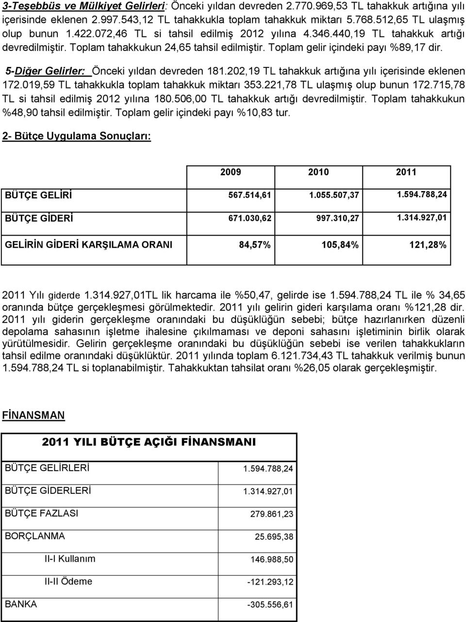 Toplam gelir içindeki payı %89,17 dir. 5-Diğer Gelirler: Önceki yıldan devreden 181.202,19 TL tahakkuk artığına yılı içerisinde eklenen 172.019,59 TL tahakkukla toplam tahakkuk miktarı 353.