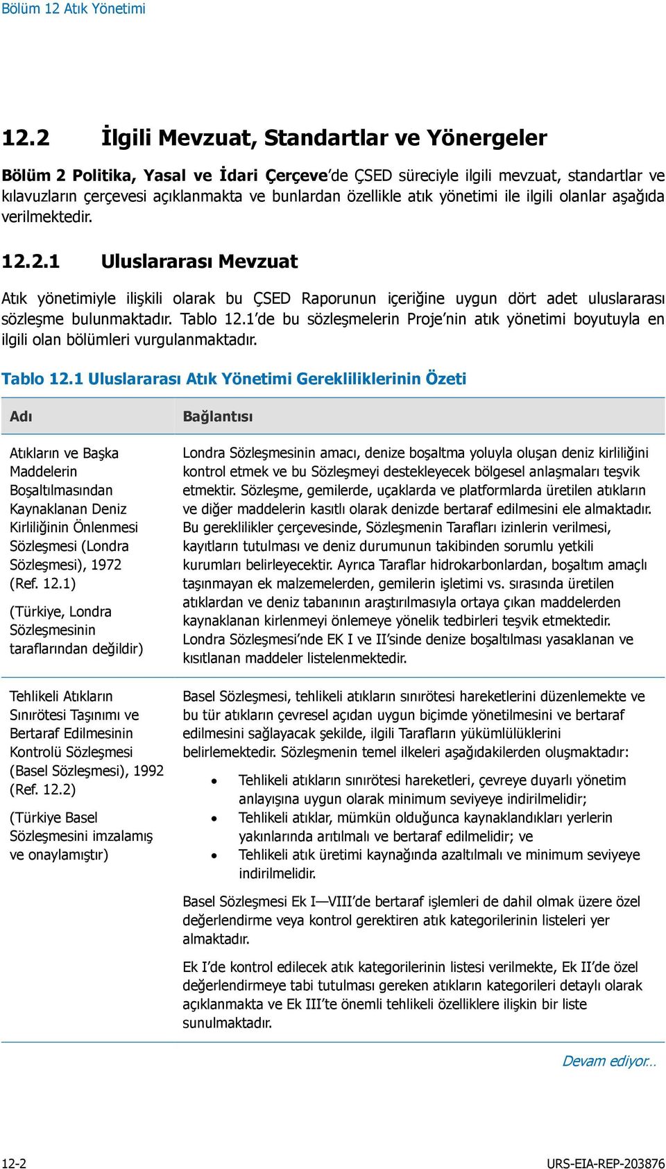 yönetimi ile ilgili olanlar aşağıda verilmektedir. 12.2.1 Uluslararası Mevzuat Atık yönetimiyle ilişkili olarak bu ÇSED Raporunun içeriğine uygun dört adet uluslararası sözleşme bulunmaktadır.