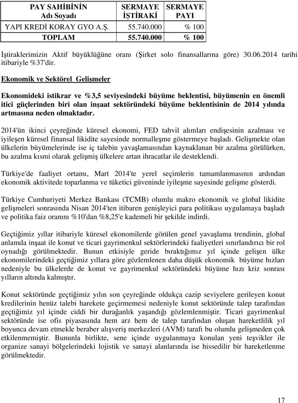 Ekonomik ve Sektörel Gelişmeler Ekonomideki istikrar ve %3,5 seviyesindeki büyüme beklentisi, büyümenin en önemli itici güçlerinden biri olan inşaat sektöründeki büyüme beklentisinin de 2014 yılında