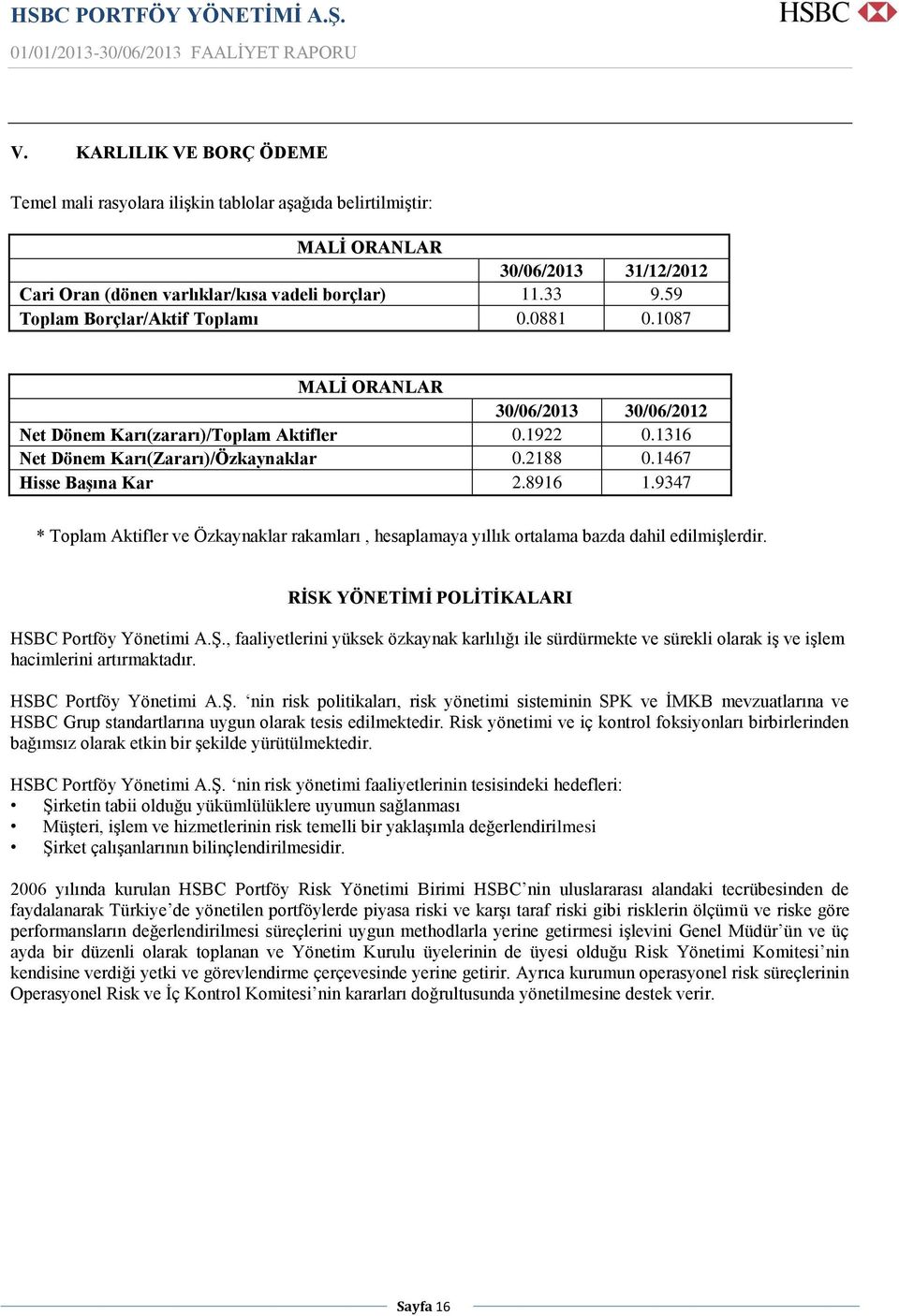 1467 Hisse BaĢına Kar 2.8916 1.9347 * Toplam Aktifler ve Özkaynaklar rakamları, hesaplamaya yıllık ortalama bazda dahil edilmiģlerdir. RĠSK YÖNETĠMĠ POLĠTĠKALARI HSBC Portföy Yönetimi A.ġ.