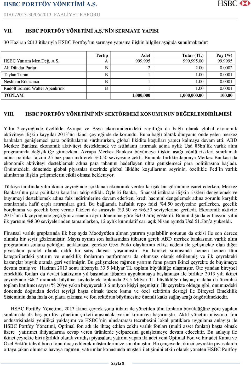 00 100.00 VIII. HSBC PORTFÖY YÖNETĠMĠ NĠN SEKTÖRDEKĠ KONUMUNUN DEĞERLENDĠRĠLMESĠ Yılın 2.