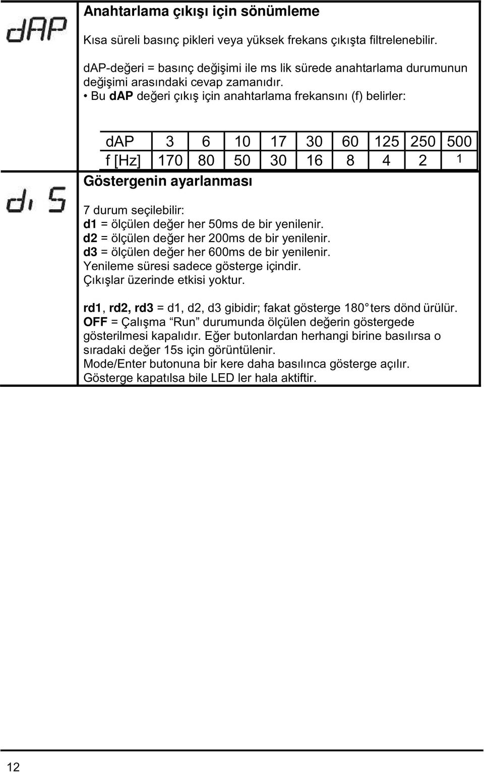 Bu dap değeri çıkış için anahtarlama frekansını (f) belirler: dap 3 6 10 17 30 60 125 250 500 f [Hz] 170 80 50 30 16 8 4 2 1 Göstergenin ayarlanması 7 durum seçilebilir: d1 = ölçülen değer her 50ms