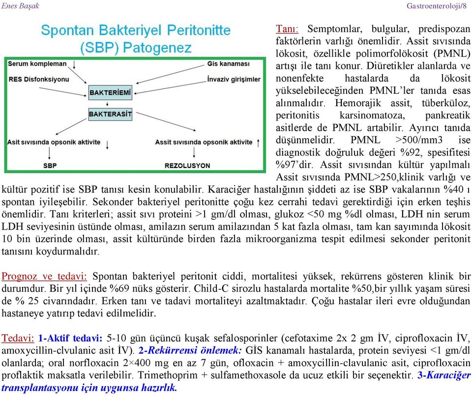 Hemorajik assit, tüberküloz, peritonitis karsinomatoza, pankreatik asitlerde de PMNL artabilir. Ayırıcı tanıda düşünmelidir. PMNL >500/mm3 ise diagnostik doğruluk değeri %92, spesifitesi %97 dir.