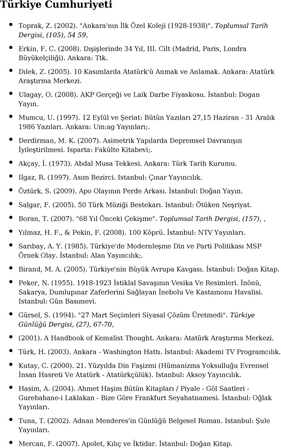 AKP Gerçeği ve Laik Darbe Fiyaskosu. İstanbul: Dogan Yayın. Mumcu, U. (1997). 12 Eylül ve Şeriat: Bütün Yazıları 27,15 Haziran - 31 Aralık 1986 Yazıları. Ankara: Um:ag Yayınları;. Derdirman, M. K.