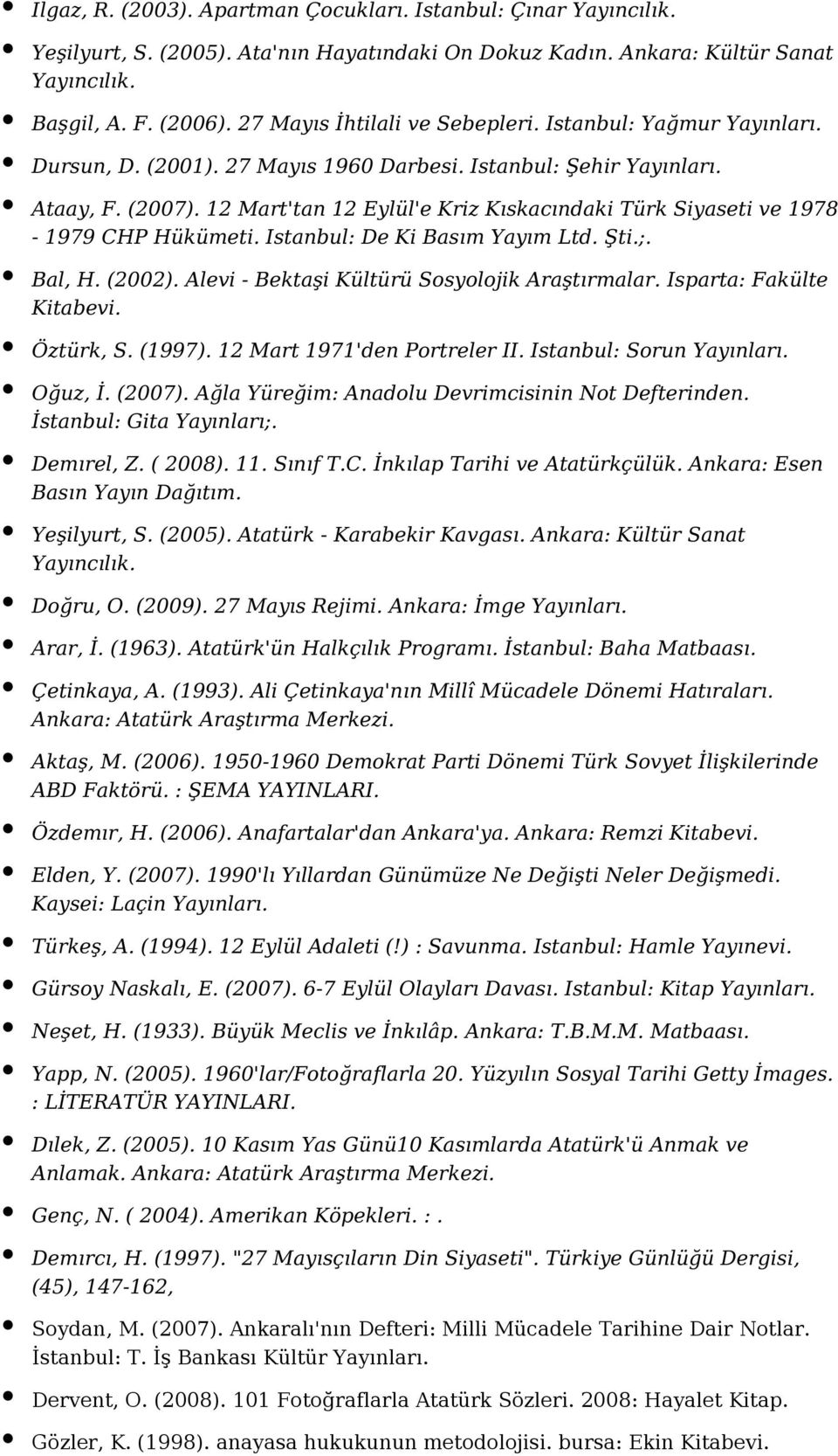 Istanbul: De Ki Basım Yayım Ltd. Şti.;. Bal, H. (2002). Alevi - Bektaşi Kültürü Sosyolojik Araştırmalar. Isparta: Fakülte Kitabevi. Öztürk, S. (1997). 12 Mart 1971'den Portreler II.