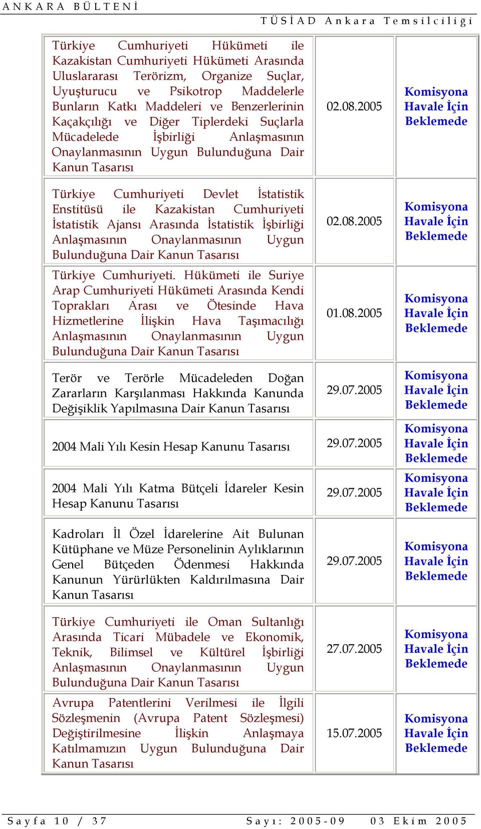 Cumhuriyeti İstatistik Ajansı Arasında İstatistik İşbirliği Anlaşmasının Onaylanmasının Uygun Bulunduğuna Dair Kanun Tasarısı Türkiye Cumhuriyeti.