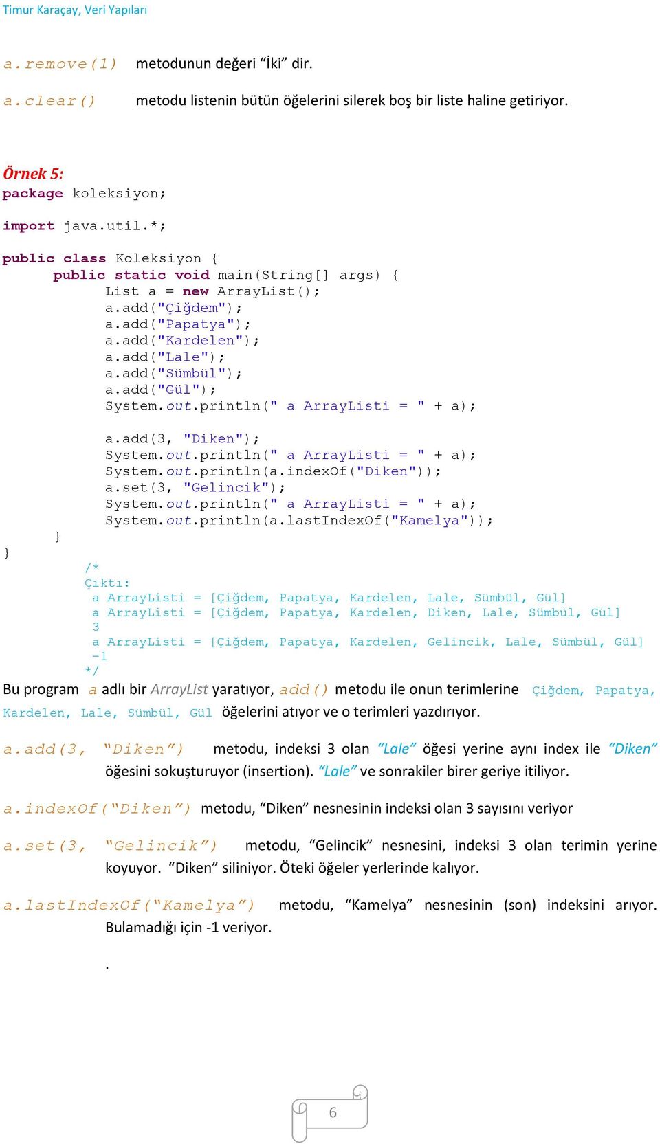 indexOf("Diken")); a.set(3, "Gelincik"); System.out.println(a.