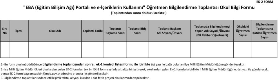 Öğretmeni) Okuldaki Öğretmen Sayısı Bilgilendirme Toplantısına Katılan Öğretmen Sayısı 1 Bu form okul müdürlüğünce bilgilendirme toplantısından sonra, ek 1 kontrol listesi formu ile birlikte üst yazı