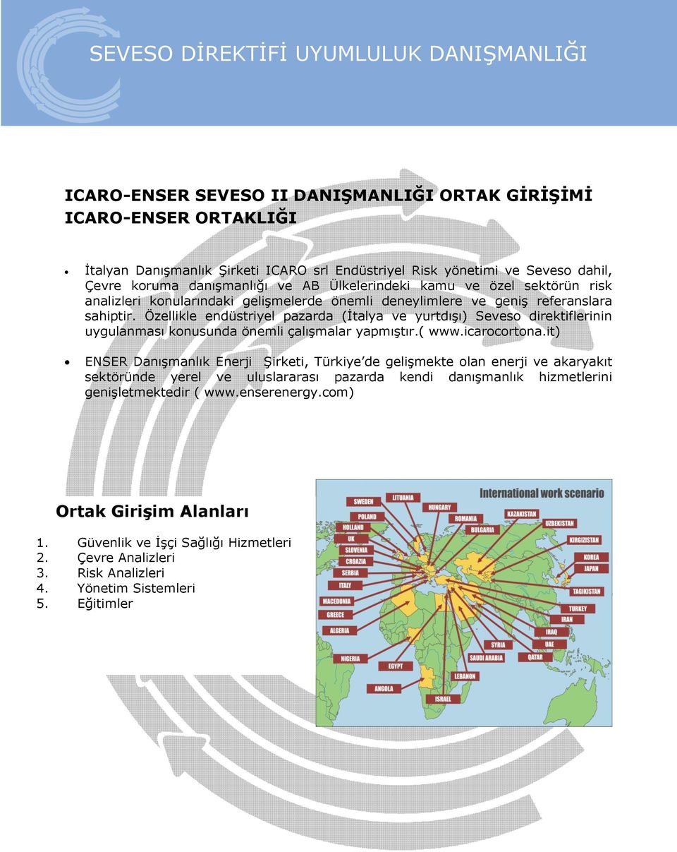 Özellikle endüstriyel pazarda (İtalya ve yurtdışı) Seveso direktiflerinin uygulanması konusunda önemli çalışmalar yapmıştır.( www.icarocortona.