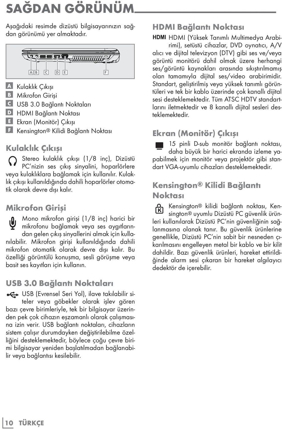 hoparlörlere veya kulaklıklara bağlamak için kullanılır. Kulaklık çıkışı kullanıldığında dahili hoparlörler otomatik olarak devre dışı kalır.