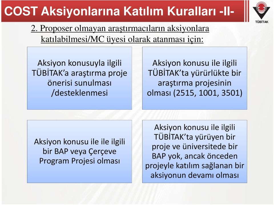 proje önerisi sunulması /desteklenmesi Aksiyon konusu ile ilgili ta yürürlükte bir araştırma projesinin olması (2515, 1001, 3501)