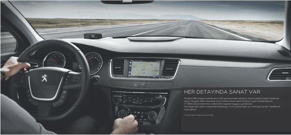 Peugeot 508 in teknolojik sürücü bölümü renkli Head-Up ekranı*, yalın torpido tasarımı, 7" SMEG dokunmatik ekranı