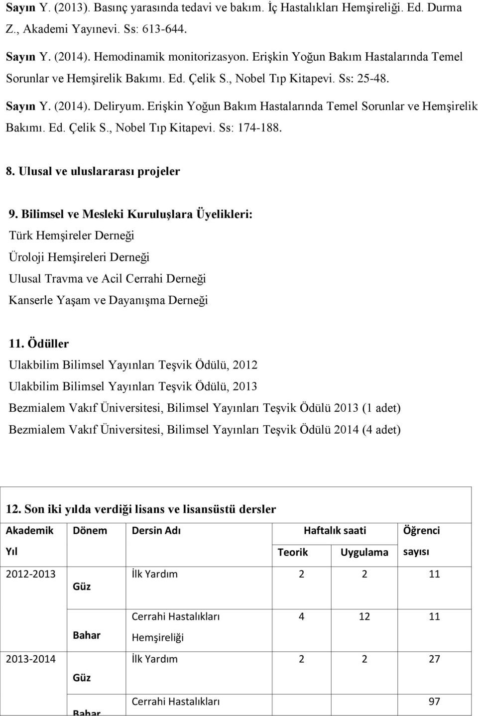 Erişkin Yoğun Bakım Hastalarında Temel Sorunlar ve Hemşirelik Bakımı. Ed. Çelik S., Nobel Tıp Kitapevi. Ss: 174-188. 8. Ulusal ve uluslararası projeler 9.