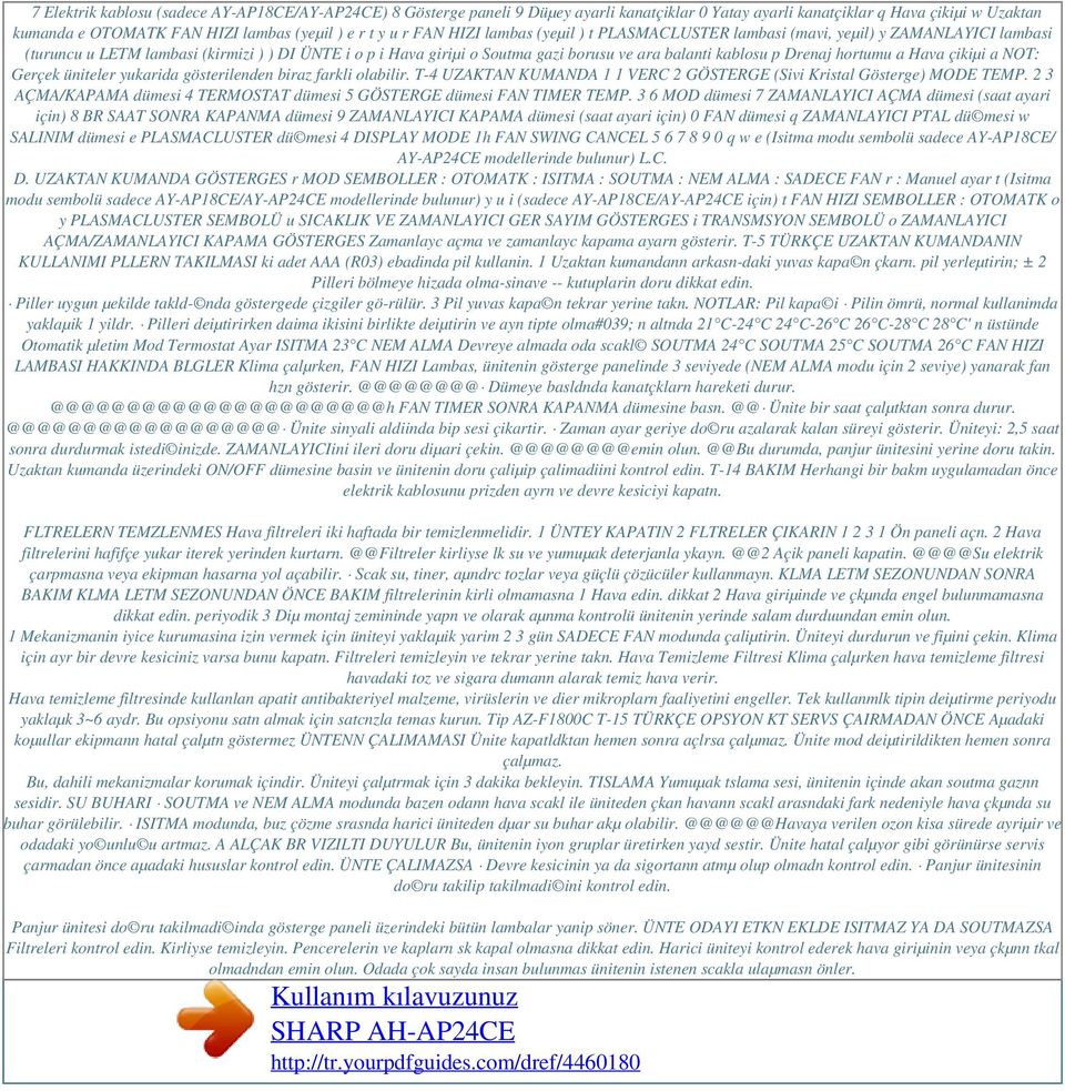 Drenaj hortumu a Hava çikiµi a NOT: Gerçek üniteler yukarida gösterilenden biraz farkli olabilir. T-4 UZAKTAN KUMANDA 1 1 VERC 2 GÖSTERGE (Sivi Kristal Gösterge) MODE TEMP.