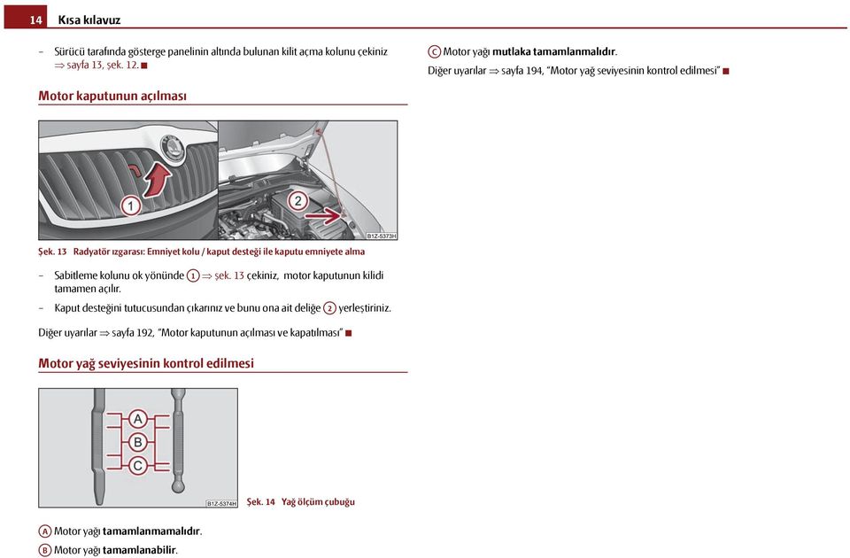 13 Radyatör ızgarası: Emniyet kolu / kaput desteği ile kaputu emniyete alma Sabitleme kolunu ok yönünde A1 şek. 13 çekiniz, motor kaputunun kilidi tamamen açılır.