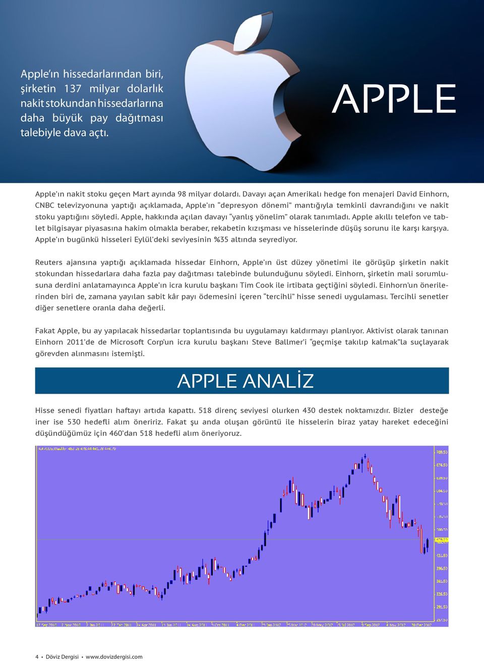 Davayı açan Amerikalı hedge fon menajeri David Einhorn, CNBC televizyonuna yaptığı açıklamada, Apple ın depresyon dönemi mantığıyla temkinli davrandığını ve nakit stoku yaptığını söyledi.