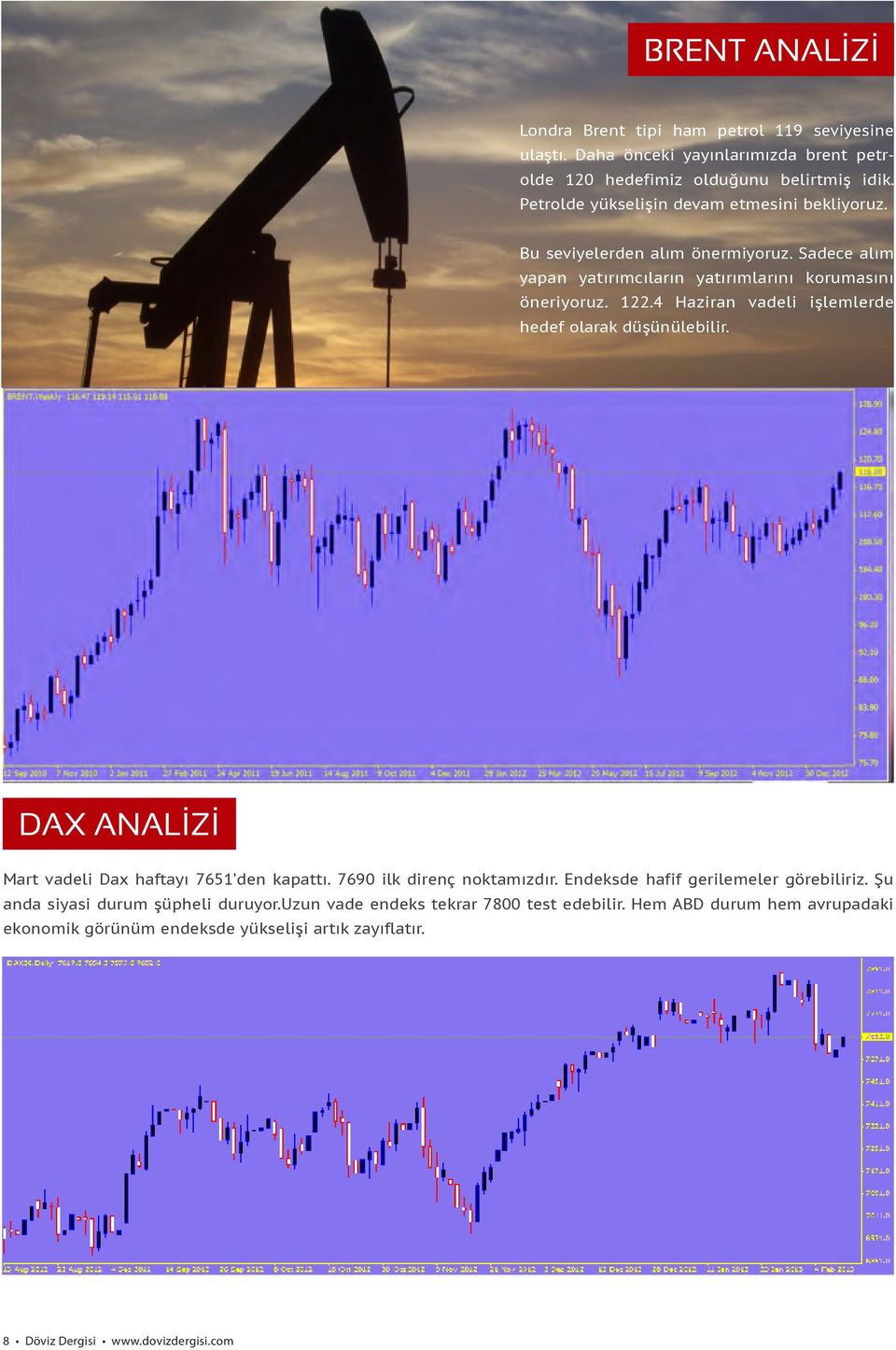 4 Haziran vadeli işlemlerde hedef olarak düşünülebilir. DAX ANALİZİ Mart vadeli Dax haftayı 7651 den kapattı. 7690 ilk direnç noktamızdır.