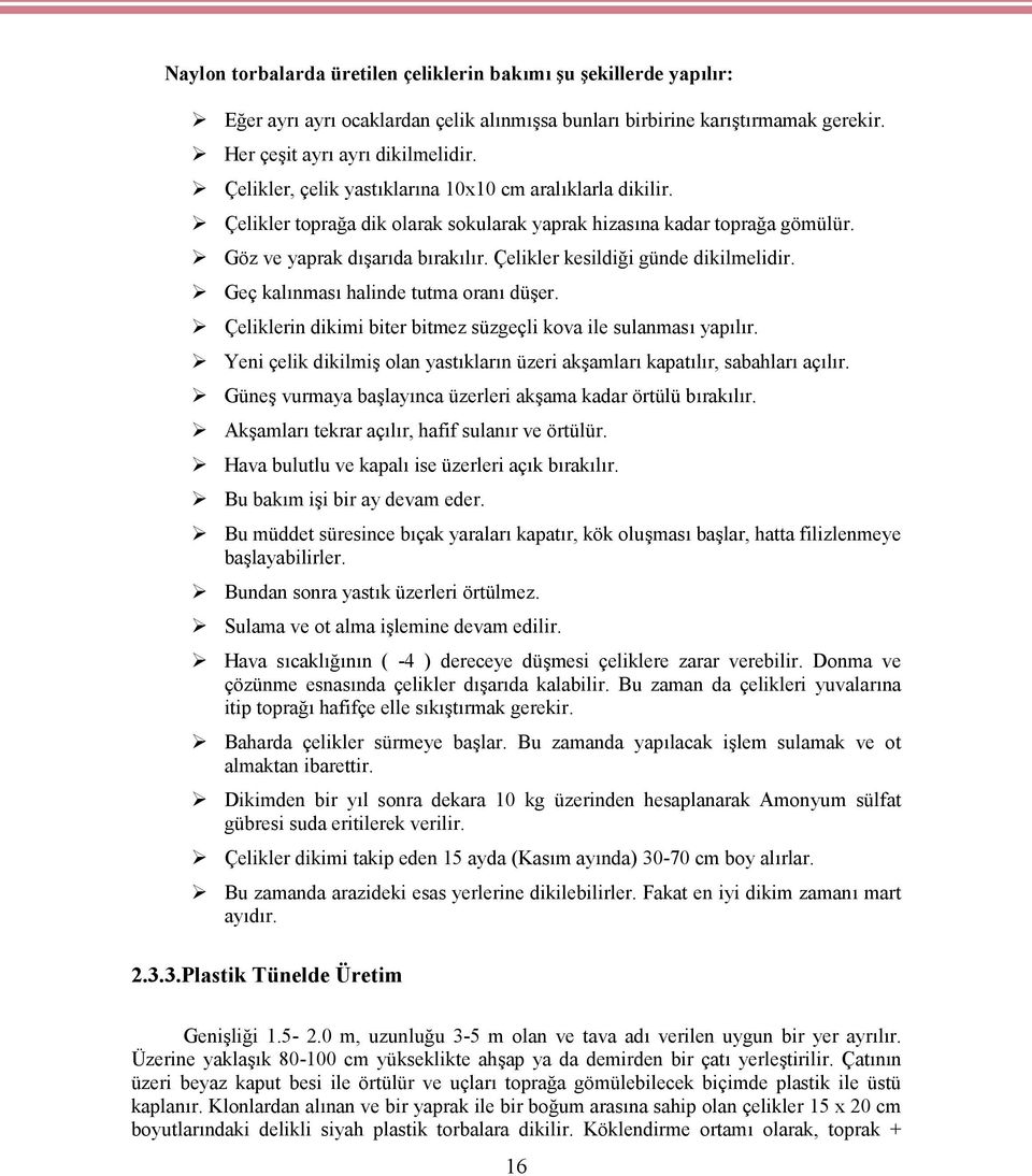 Çelikler kesildiği günde dikilmelidir. Geç kalınması halinde tutma oranı düşer. Çeliklerin dikimi biter bitmez süzgeçli kova ile sulanması yapılır.