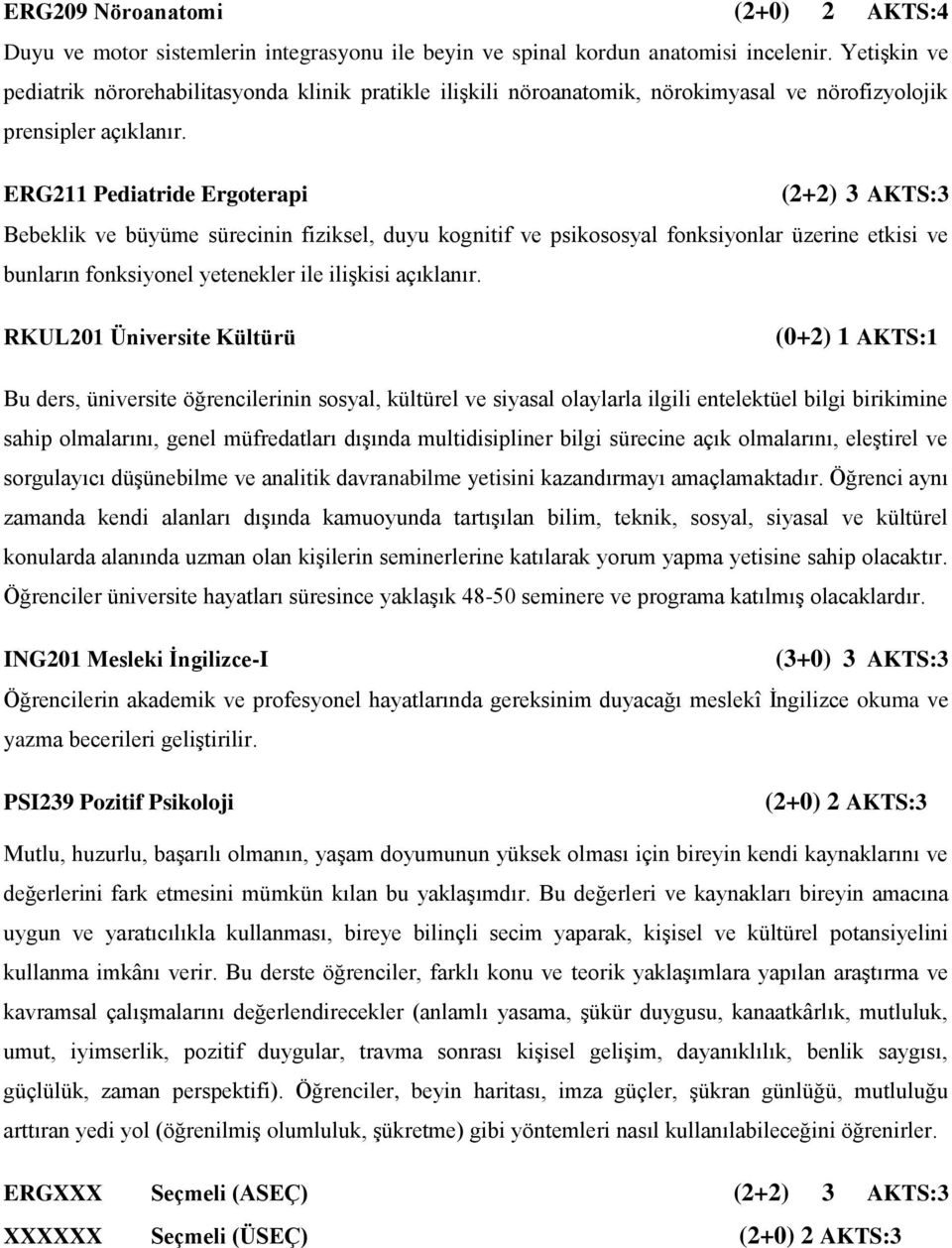 ERG211 Pediatride Ergoterapi (2+2) 3 AKTS:3 Bebeklik ve büyüme sürecinin fiziksel, duyu kognitif ve psikososyal fonksiyonlar üzerine etkisi ve bunların fonksiyonel yetenekler ile ilişkisi açıklanır.