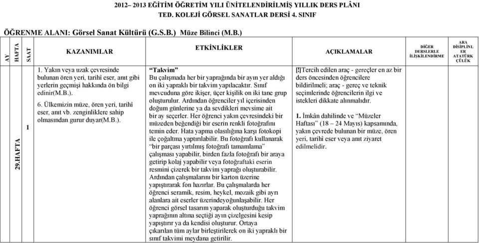 zenginliklere sahip olmasından gurur duyar(m.b.). Takvim Bu çalışmada her bir yaprağında bir ayın yer aldığı on iki yapraklı bir takvim yapılacaktır.