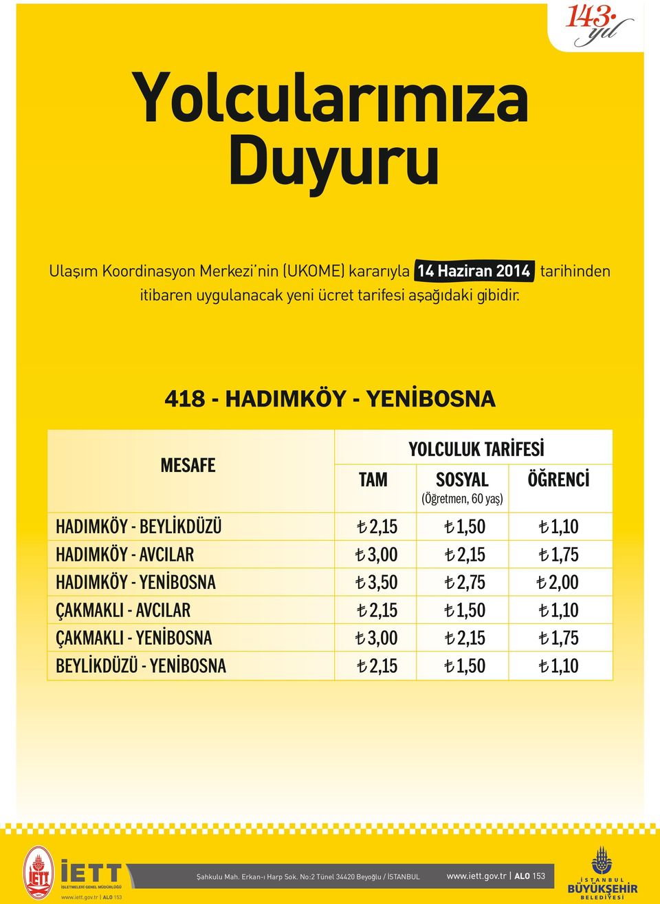 3,50 2,75 2,00 ÇAKMAKLI - AVCILAR 2,15 1,50 1,10 ÇAKMAKLI -