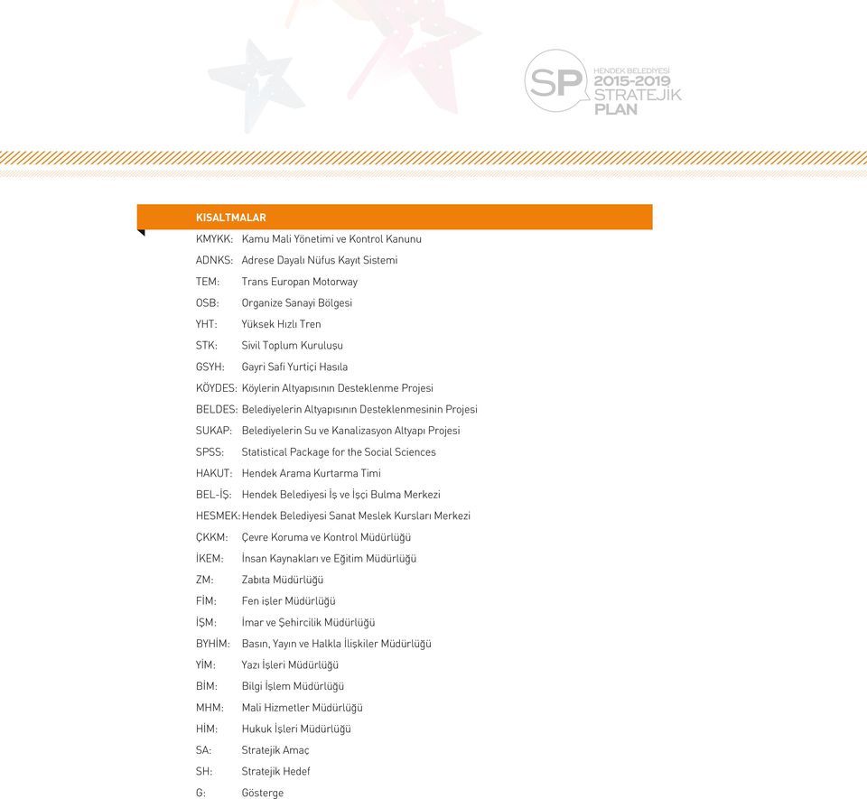 Projesi SPSS: Statistical Package for the Social Sciences HAKUT: Hendek Arama Kurtarma Timi BEL-İŞ: Hendek Belediyesi İş ve İşçi Bulma Merkezi HESMEK: Hendek Belediyesi Sanat Meslek Kursları Merkezi