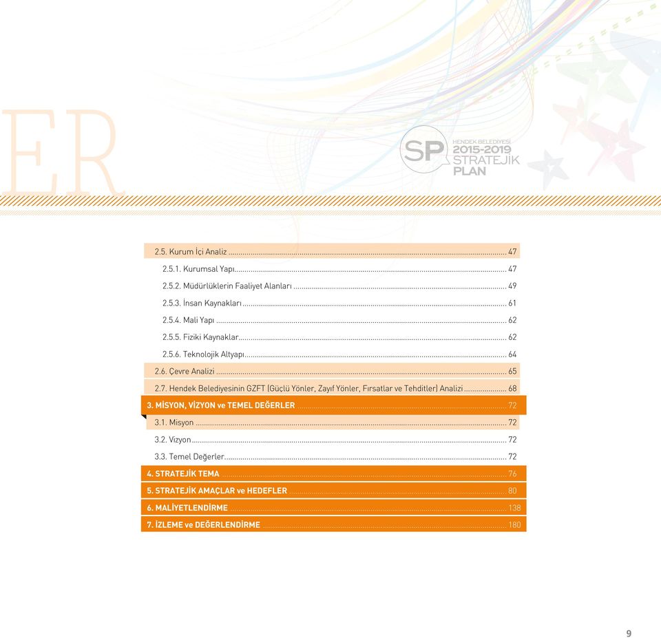 Hendek Belediyesinin GZFT (Güçlü Yönler, Zayıf Yönler, Fırsatlar ve Tehditler) Analizi... 68 3. MİSYON, VİZYON ve TEMEL DEĞERLER... 72 3.1.