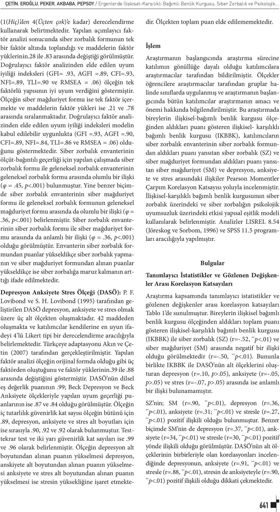 Doğrulayıcı faktör analizinden elde edilen uyum iyiliği indeksleri (GFI=.93, AGFI =.89, CFI=.93, NFI=.89, TLI=.90 ve RMSEA =.06) ölçeğin tek faktörlü yapısının iyi uyum verdiğini göstermiştir.