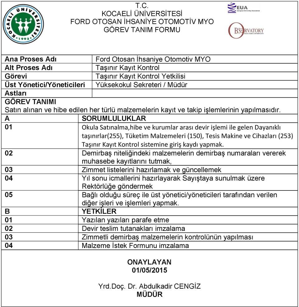 01 Okula Satınalma,hibe ve kurumlar arası devir işlemi ile gelen Dayanıklı taşınırlar(255), Tüketim Malzemeleri (150), Tesis Makine ve Cihazları (253) Taşınır Kayıt Kontrol sistemine giriş kaydı