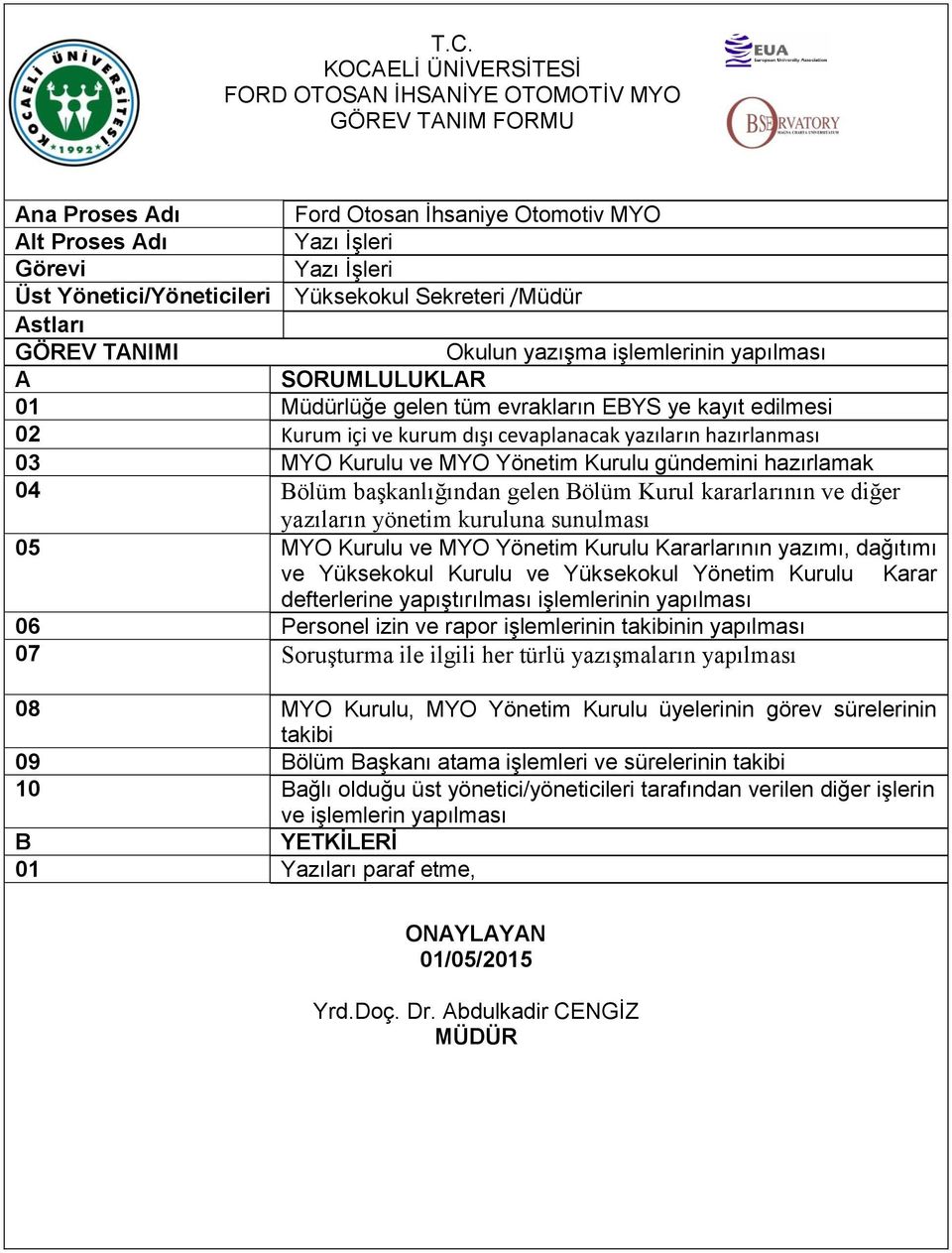 yazıların yönetim kuruluna sunulması 05 MYO Kurulu ve MYO Yönetim Kurulu Kararlarının yazımı, dağıtımı ve Yüksekokul Kurulu ve Yüksekokul Yönetim Kurulu Karar defterlerine yapıştırılması işlemlerinin