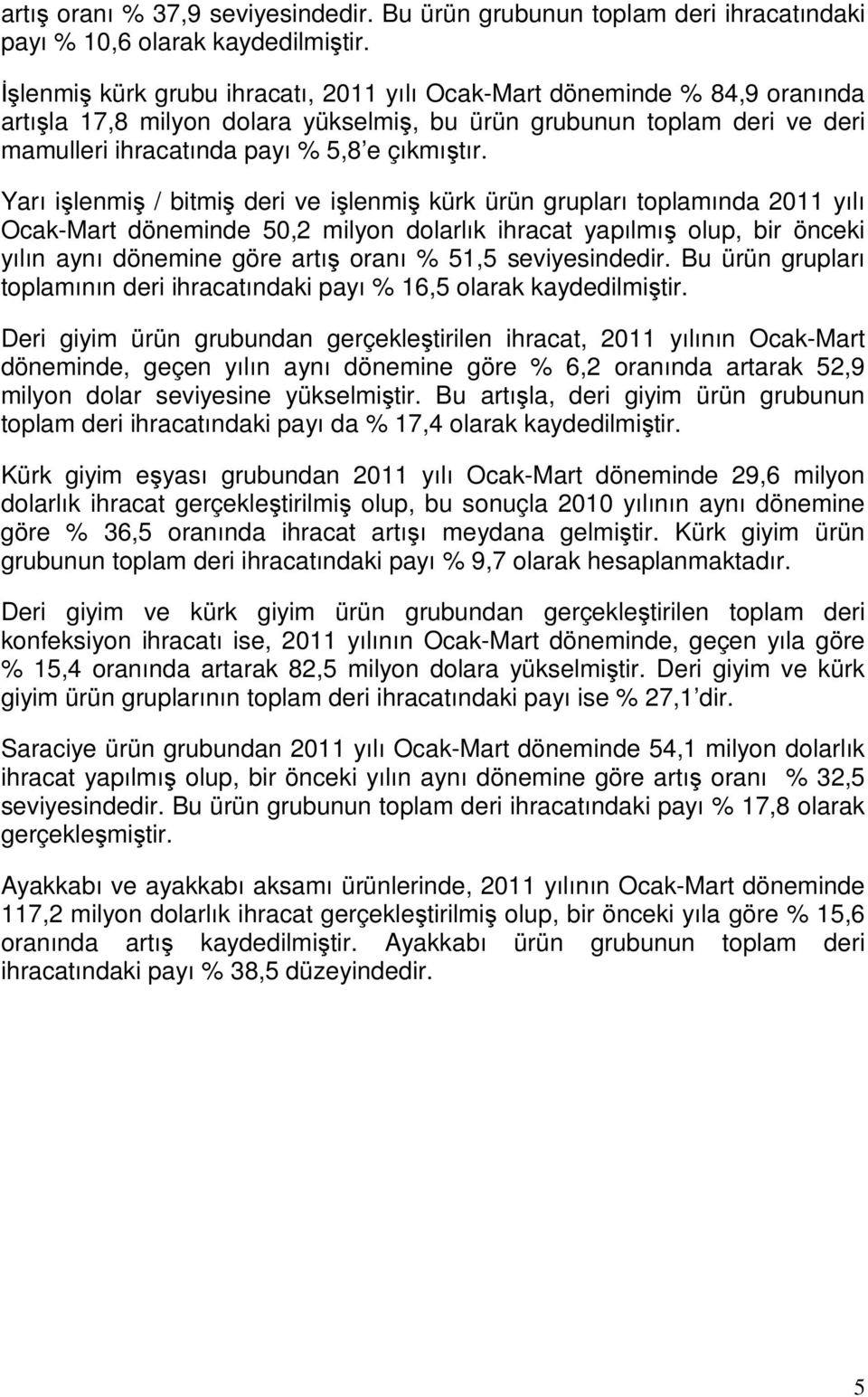 Yarı işlenmiş / bitmiş deri ve işlenmiş kürk ürün grupları toplamında yılı Ocak-Mart döneminde 50,2 milyon dolarlık ihracat yapılmış olup, bir önceki yılın aynı dönemine göre artış oranı 51,5