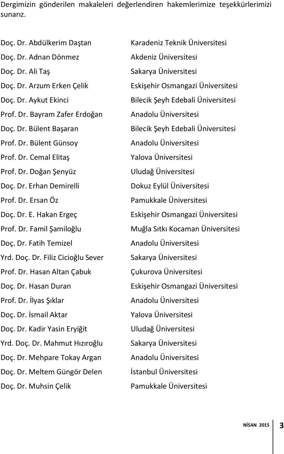 Dr. Fatih Temizel Yrd. Doç. Dr. Filiz Cicioğlu Sever Prof. Dr. Hasan Altan Çabuk Doç. Dr. Hasan Duran Prof. Dr. İlyas Şıklar Doç. Dr. İsmail Aktar Doç. Dr. Kadir Yasin Eryiğit Yrd. Doç. Dr. Mahmut Hızıroğlu Doç.