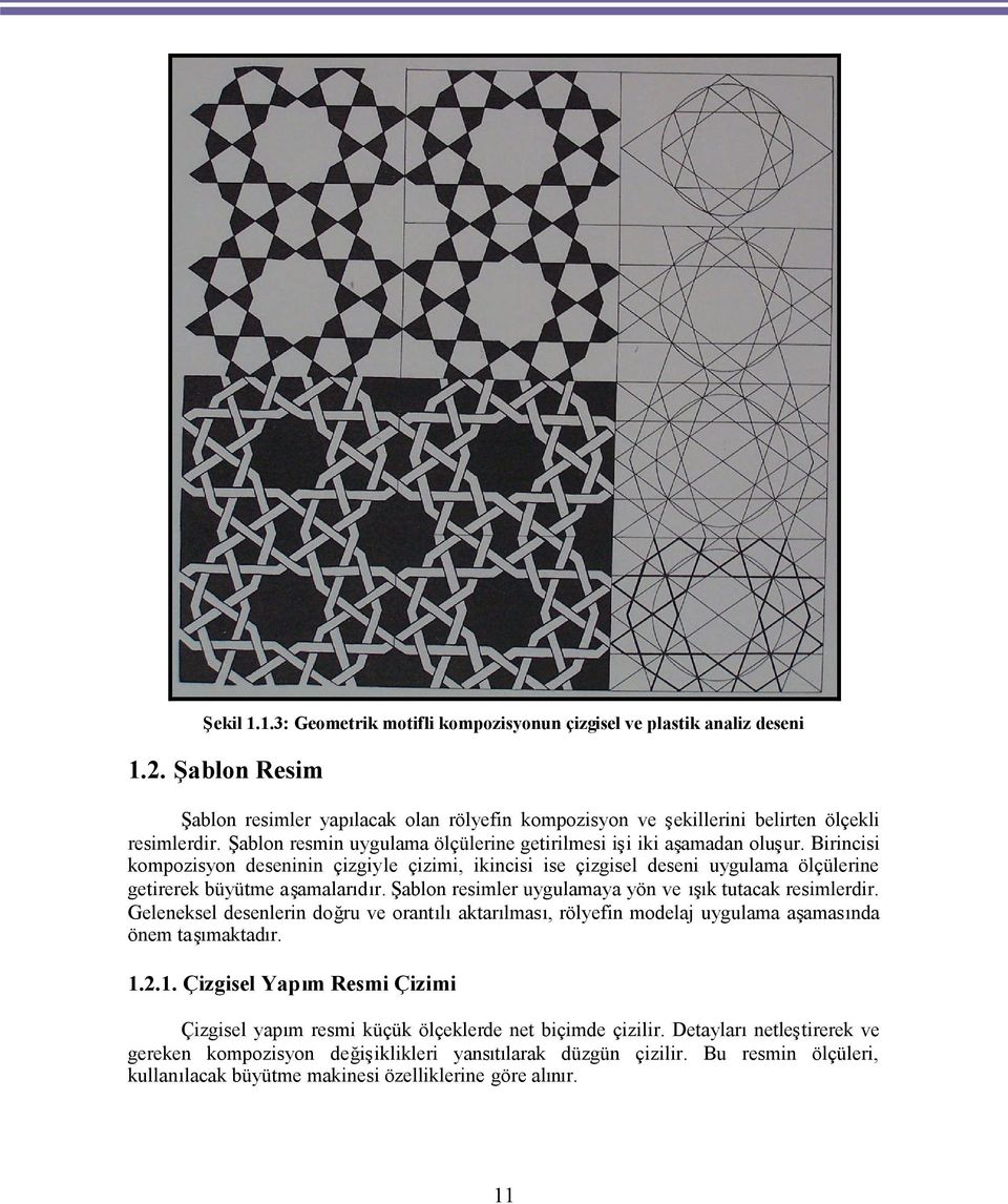 deseninin çizgiyle çizimi, ikincisi ise çizgisel deseni uygulama ölçülerine getirerek büyütme a amalar d Şablon resimler uygulamaya yön ve k tutacak resimlerdi Geleneksel desenlerin doğ ru ve orant