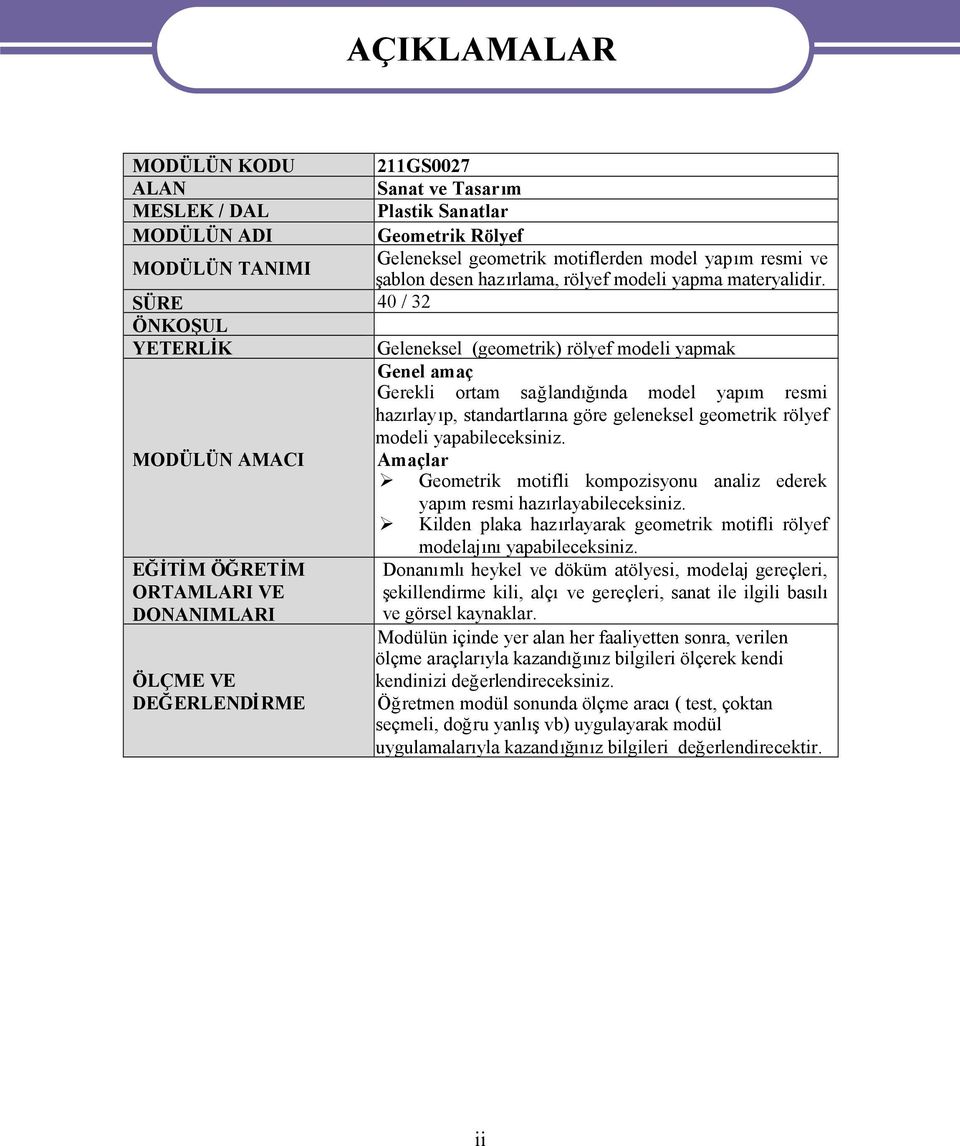 geleneksel geometrik rölyef modeli yapabileceksini MODÜLÜN AMACI Amaçlar Geometrik motifli kompozisyonu analiz ederek yapm resmi hazrlayabileceksini Kilden plaka hazrlayarak geometrik motifli rölyef