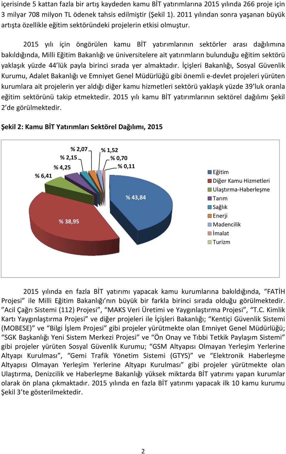 2015 yılı için öngörülen kamu BİT yatırımlarının sektörler arası dağılımına bakıldığında, Milli Eğitim Bakanlığı ve üniversitelere ait yatırımların bulunduğu eğitim sektörü yaklaşık yüzde 44 lük