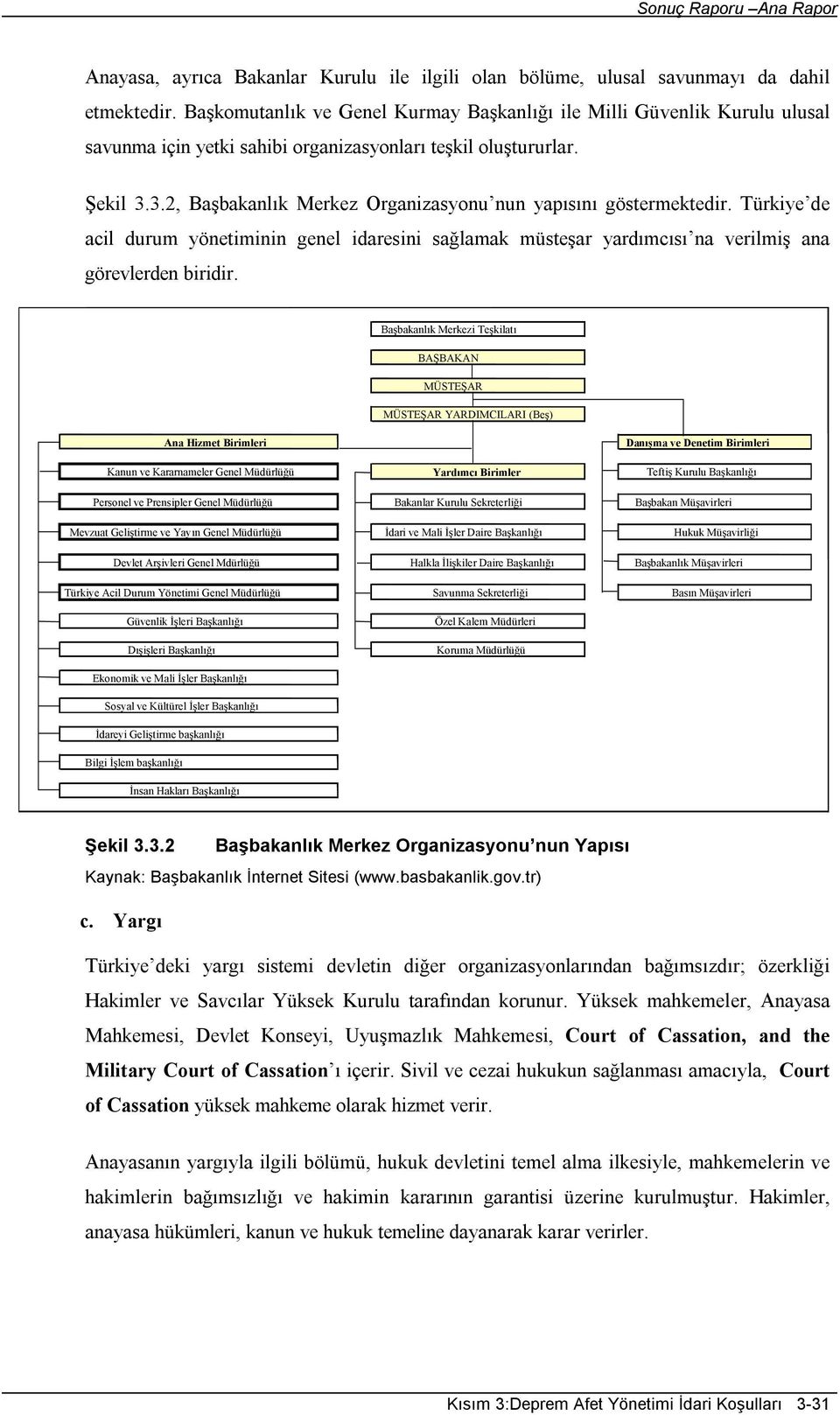 3.2, Başbakanlık Merkez Organizasyonu nun yapısını göstermektedir. Türkiye de acil durum yönetiminin genel idaresini sağlamak müsteşar yardımcısı na verilmiş ana görevlerden biridir.