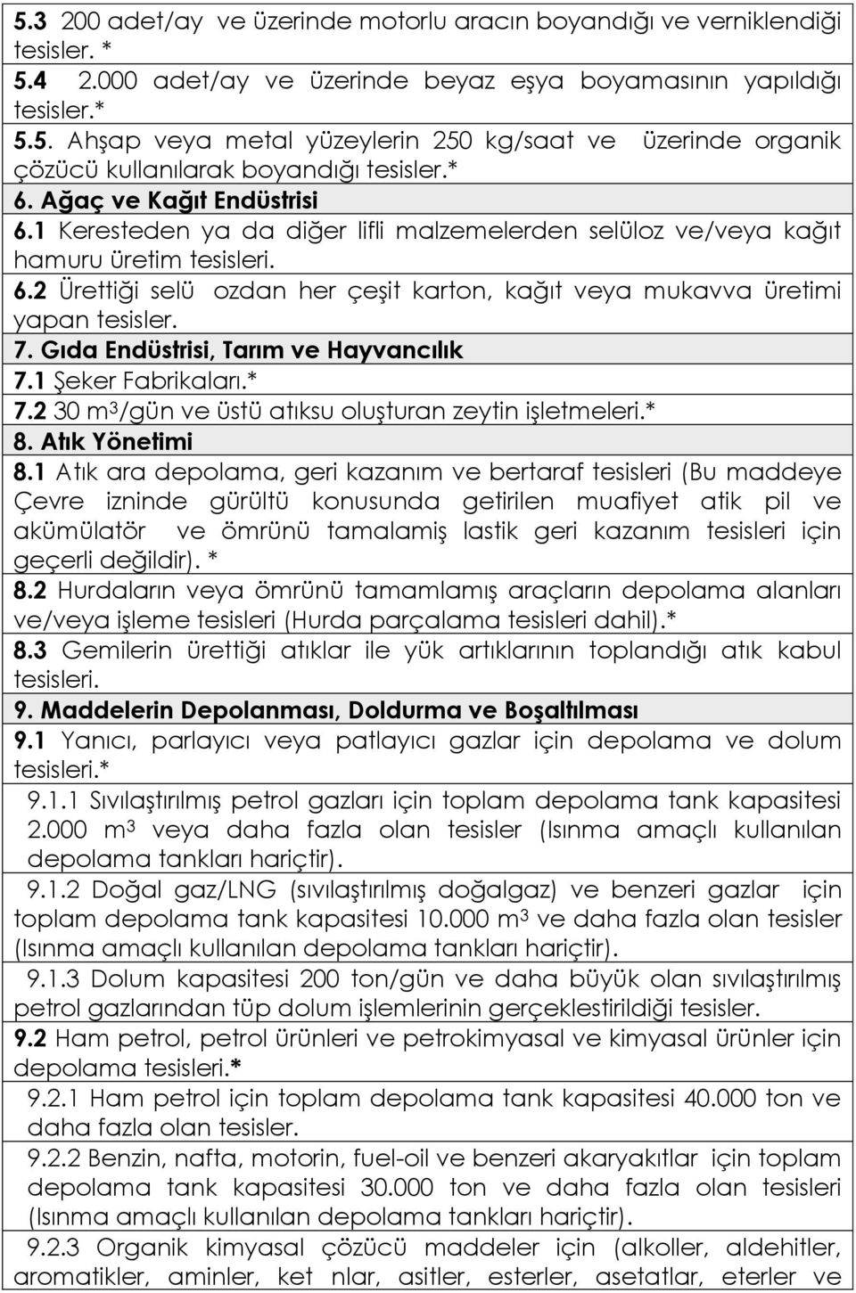 7. Gıda Endüstrisi, Tarım ve Hayvancılık 7.1 Şeker Fabrikaları.* 7.2 30 m 3 /gün ve üstü atıksu oluşturan zeytin işletmeleri.* 8. Atık Yönetimi 8.