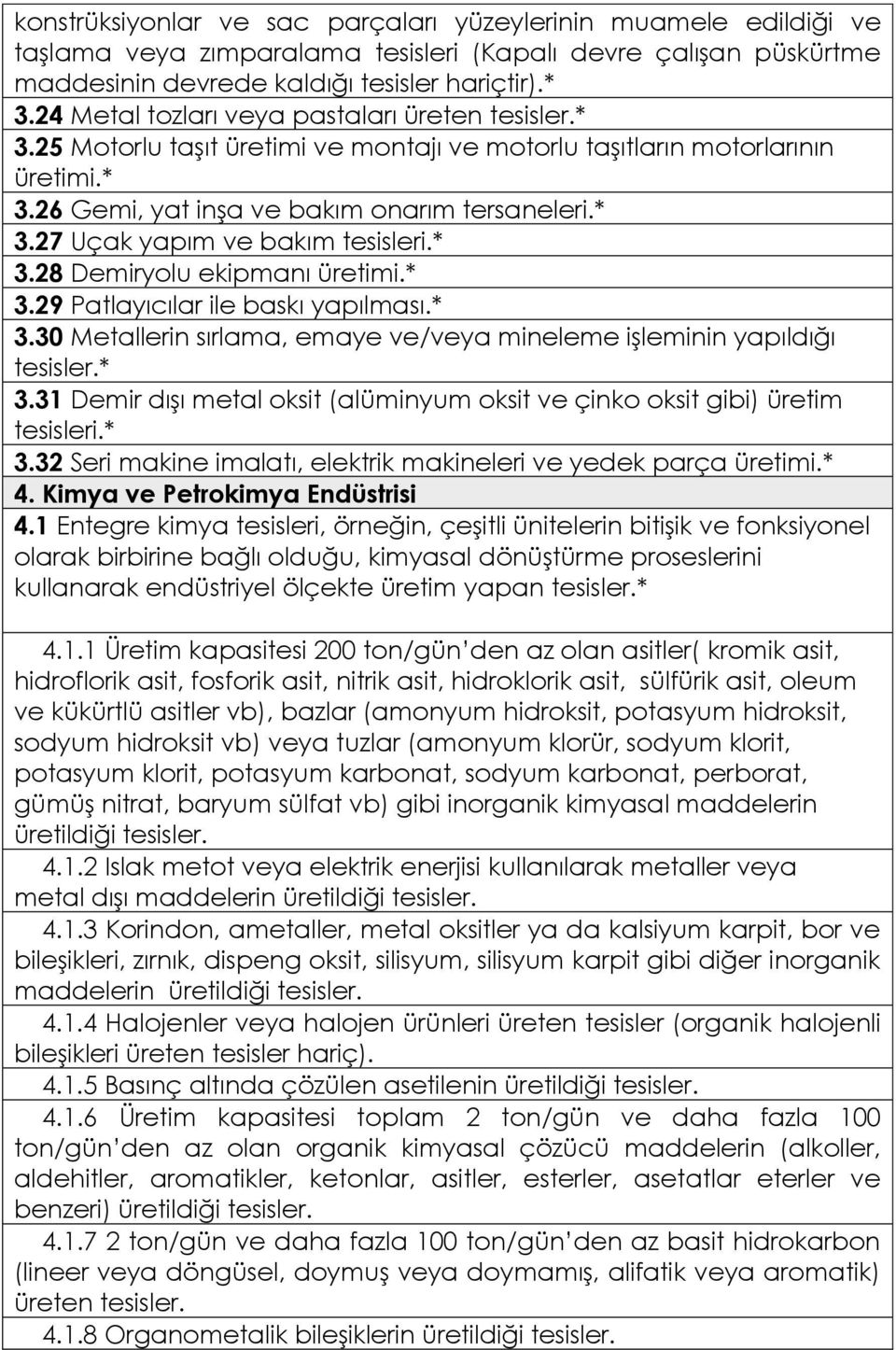 * 3.28 Demiryolu ekipmanı üretimi.* 3.29 Patlayıcılar ile baskı yapılması.* 3.30 Metallerin sırlama, emaye ve/veya mineleme işleminin yapıldığı tesisler.* 3.31 Demir dışı metal oksit (alüminyum oksit ve çinko oksit gibi) üretim tesisleri.