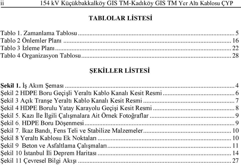 .. 6 Şekil 3 Açık Tranşe Yeraltı Kablo Kanalı Kesit Resmi... 7 Şekil 4 HDPE Borulu Yatay Karayolu Geçişi Kesit Resmi... 8 Şekil 5. Kazı İle İlgili Çalışmalara Ait Örnek Fotoğraflar.